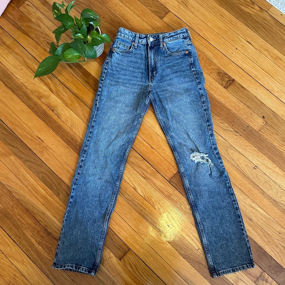 High Waist, Straight Leg, Distressed Jeans